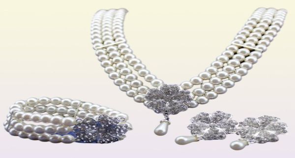 Rhodium Silber Ton ElfenbeinCreme Perlen Brautschmuck Set Hochzeit Halskette Armband und Ohrringe Sets1522522