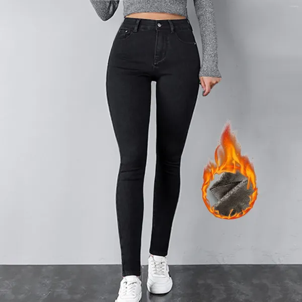 Damen-Jeans, Herbst-Winter, mit Fleece gefüttert, hohe Taille, flauschig, aufgerauht, gebürstet, dehnbar, dünn, gepolstert, Thermohose, Jeggings