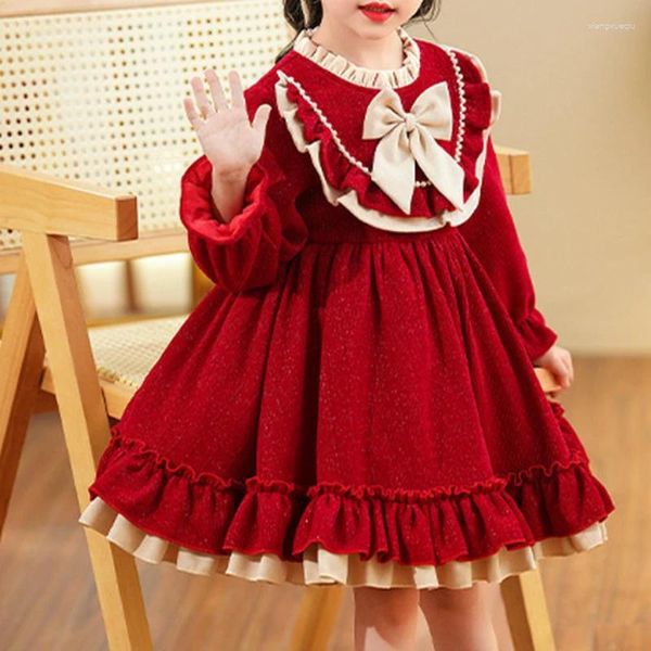 Abiti da ragazza Ragazze 2024 Abito invernale alla moda in stile coreano Bambini Fiocco Colletto in pizzo Peluche addensato Principessa