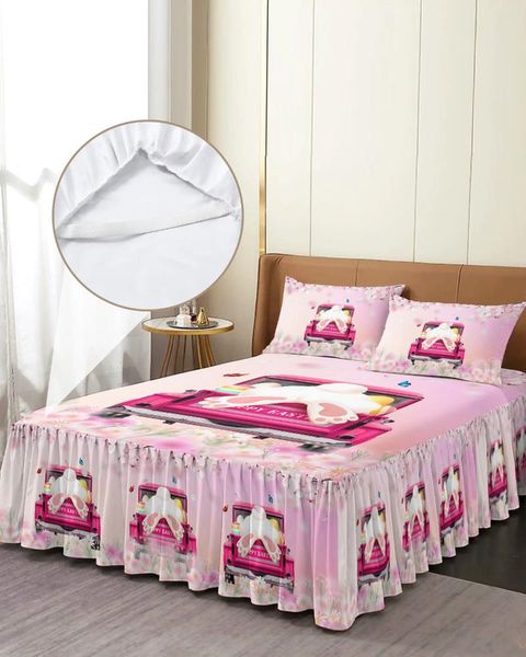 Saia de cama caminhão de páscoa flor de cerejeira borboleta colcha com fronhas capa de colchão conjunto de cama lençol