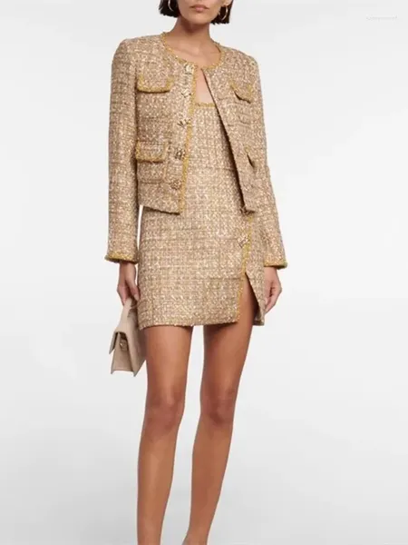 Giacche da donna Cappotto da donna 2024 Tweed che borda tasche multiple Giacca monopetto elegante casual a maniche lunghe