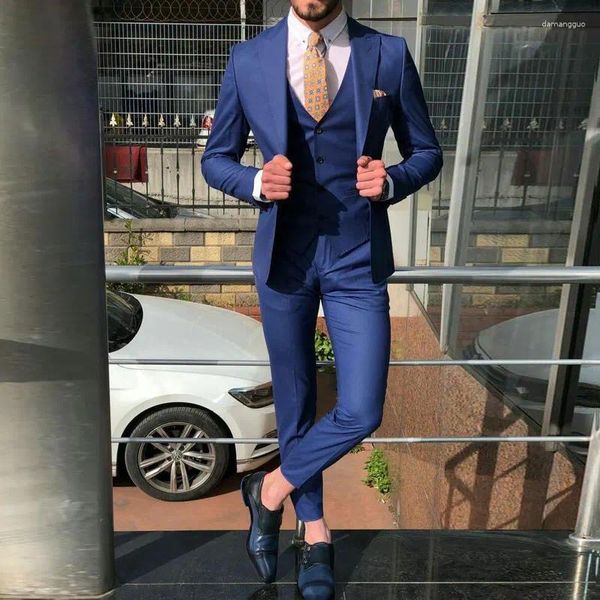 Ternos masculinos feitos sob medida, azul marinho, para casamento, noivo, smoking, lapela repicada, slim fit, terno masculino, blazer 3 peças