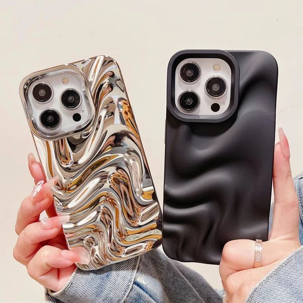 Lüks Gümüş Kaplamalı 3D Dalga Desen Telefon Kılıfı İPhone 14 13 12 15 Pro Max Candy Renk brifing Yumuşak Şok geçirmez Arka Kapak 240102
