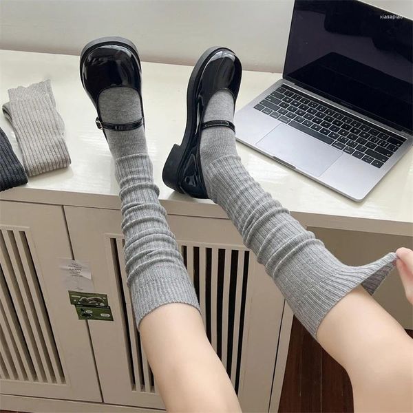 Женские носки, модные женские чулки в японском стиле, зимние однотонные полосатые выше колена, женские длинные теплые шерстяные носки для