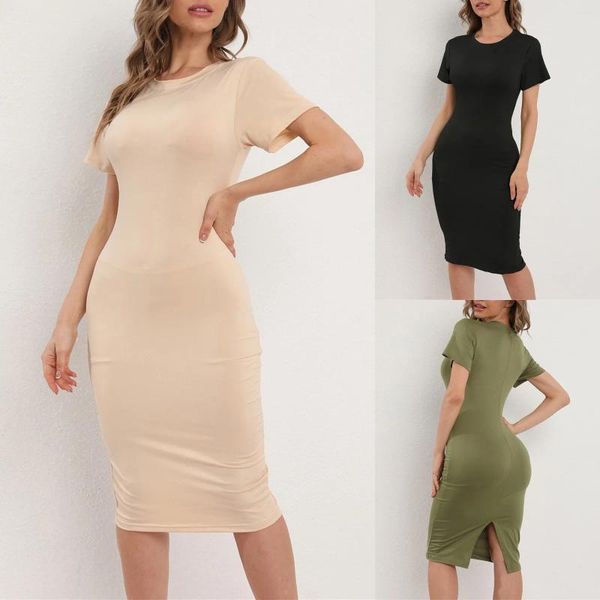 Lässige Kleider Frauen Feste Farbe eleganter Temperamentkleid runder Nacken kurzärmel langer Rock Sexy Slim Fit Wrap Botock