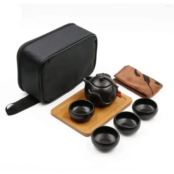 Наборы чайной посуды Портативный дорожный чайный сервиз кунг-фу, китайский/японский винтажный фарфоровый чайник ручной работы, 4 чайные чашки, бамбуковый чайный поднос, сумка для хранения (B)