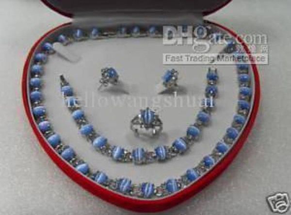 Echtes blaues Opal-Silberarmband, Halskette, Ring, Ohrringe, Edelstein-Schmucksets7624115