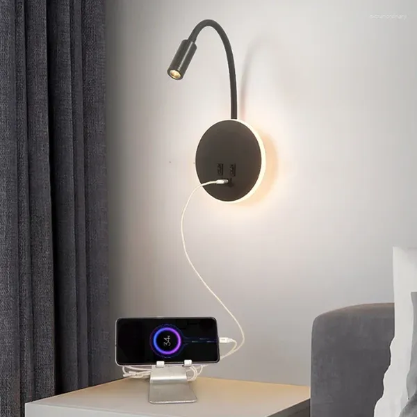 Lâmpada de parede flexível pescoço de ganso foyer luz de leitura de cabeceira com interruptor porta de carregamento USB Spotlight corredor decoração