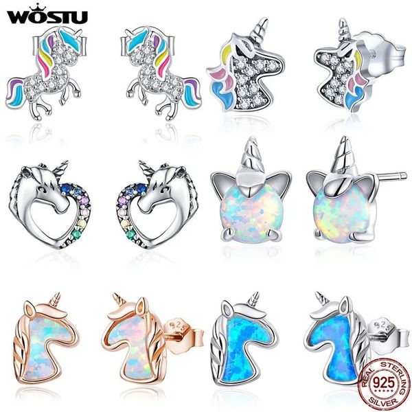 Orecchini a bottone Wostu Licorne Unicorno Orecchini a bottone in argento sterling al 100% Piccoli orecchini multicolori per donne Regali di gioielli di moda per matrimoni