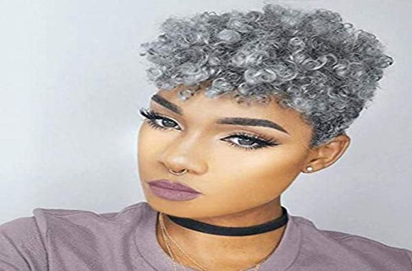 Diva Cabello real Sal y pimienta Cabello gris plateado Pelucas para mujeres negras Peinados cortos para mujeres hecho a máquina humano Colorido afro k2778427