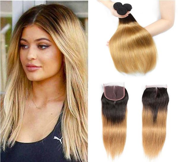 Ombre peruviane economiche per capelli vergini tesse con chiusura 1b 27 chiusura in pizzo biondo dritto con pacchi Ombre capelli umani bicolore Ext7827537