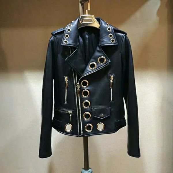 Кожаная куртка женская весенняя женская одежда универсальная модная тонкая кожаная куртка с металлическим кругом женская короткая трендовая куртка 231229