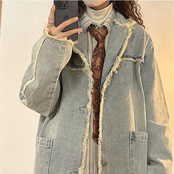 Damenjacken Quaste Patchwork Jacke Frauen Lose Bf American Retro Designer Nische Pelz Rand Waschen Revers Jean Mantel Weibliche Streetwear Denim