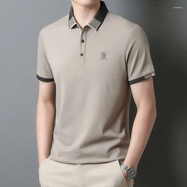 Herren-Poloshirts, Sommer-Poloshirts für Herren, kurzärmelig, modisch, Umlegekragen, europäische Kleidung, Stickerei, gestreift, Patchwork, lässige Oberteile