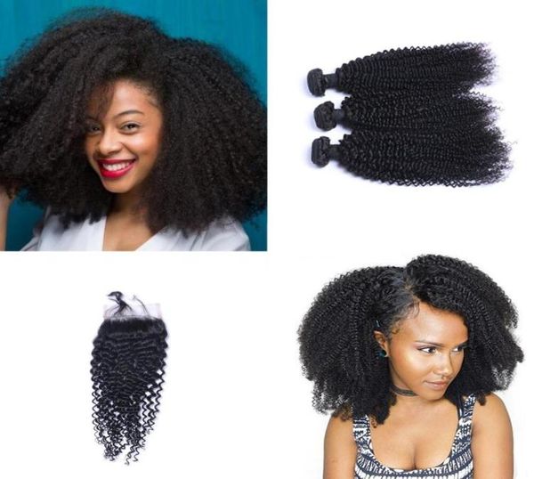 Brasileiro kinky curl pacotes de cabelo com fechamento médio 3 parte dupla trama extensões de cabelo humano tingível cabelo humano dhl shippin9989386