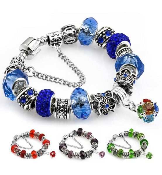 Neue Charm-Armbänder für Frauen und Mädchen, Vintage-Stil, Antik-Silber, Rosa, Blau, Grün, Rot, Lila, Kristall-Diamant-Designs, Perlenschmuck, Armreifen 1989549