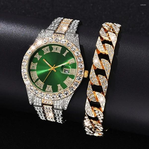 Relógios de pulso relógio de quartzo brilhante festa luxo strass pulseira masculina conjunto com pulseira de metal preciso mostrador redondo negócios para masculino