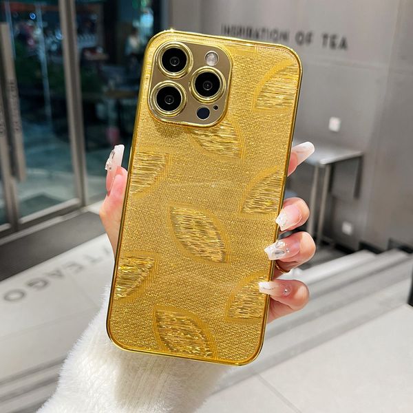 Custodia per telefono con foglie d'oro placcatura 3D per iPhone 11 12 13 14 15 Pro Max 7 8 Plus X XS XR Cover posteriore rigida per PC Fundas