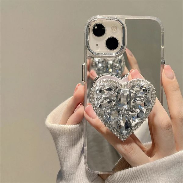 Custodia morbida per specchio con supporto per anello d'amore in cristallo con diamanti scintillanti di lusso Custodia morbida per iPhone 14 13 11 Pro Max 14 Plus Cover 240102