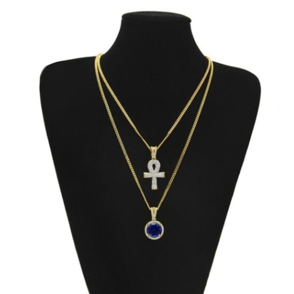 2-in-1-vergoldeter Ankh-Ägyptischer Schlüssel-Strasskristall-Kreuz-Anhänger-Anhänger-Halskette Blauer Rubin-Anhänger-Halsketten-Schmuckset für Männer H2126