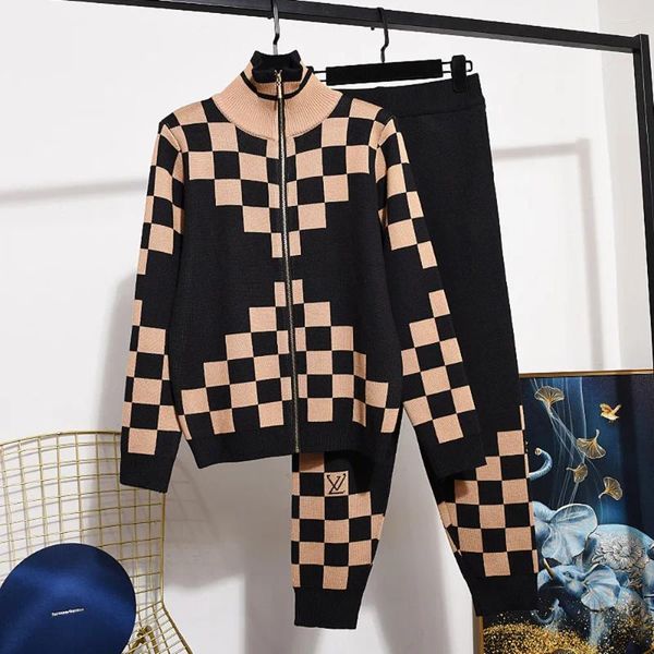 Frauen Zwei Stück Hosen Zwei-stück Sets Herbst Plaid Stricken Trainingsanzug Frauen Zipper Lose Pullover Mantel Breite Bein 2 Winter