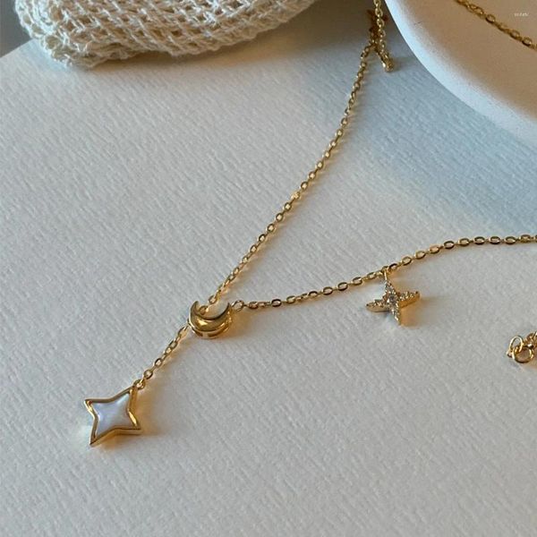 Pingentes originais 925 prata esterlina 18k ouro estrela lua zircão pingente colares para mulheres pescoço corrente jóias dinheiro jóias