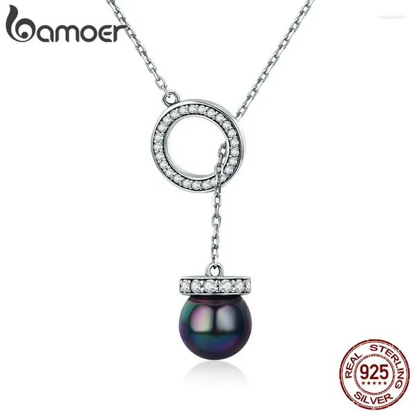 Anhänger BAMOER 925 Sterling Silber Kreis Schwarz Shell Perle Elegante Lange Kette Frauen Anhänger Halskette Schmuck SCN200