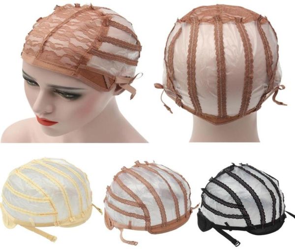 Nuovo berretto per parrucca Cappucci in maglia elasticizzata superiore Berretto per tessitura Retina per capelli regolabile con cinturino posteriore per realizzare parrucche 3 colori1814274