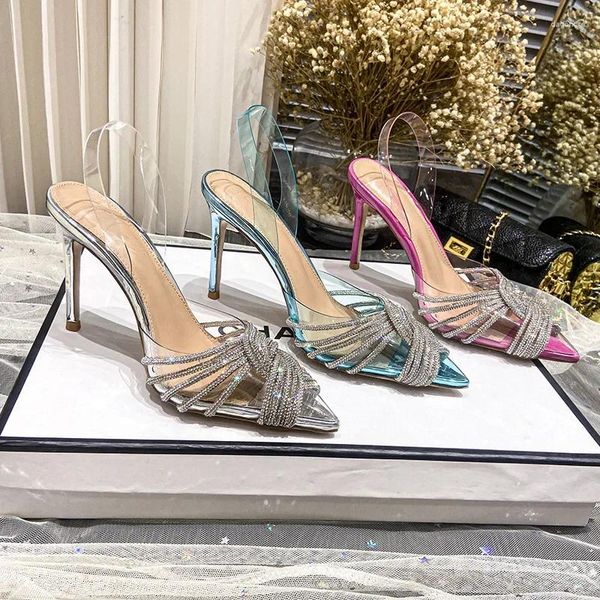 Sandali 23 Primavera/Estate Trasparenti da donna con strass incrociati Tacchi alti a punta Scarpe da sposa con fata con diamanti rosa