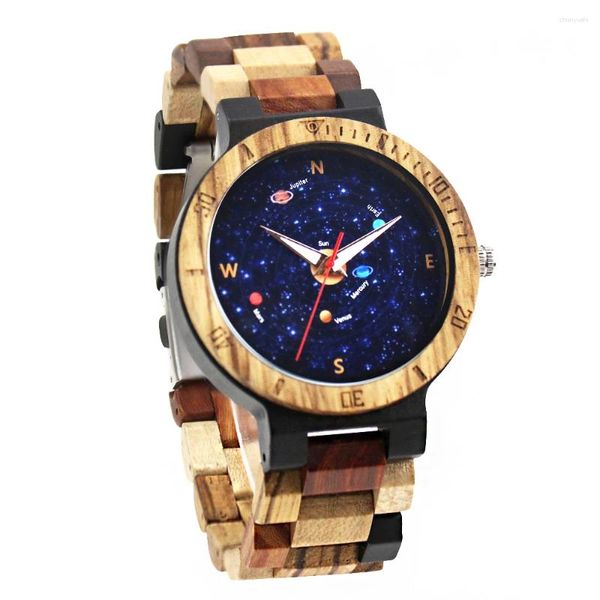 Relógios de pulso exclusivos quartzo masculino relógio de madeira universo oceano terra padrão elegante design multicolor puro pulseira presente de negócios