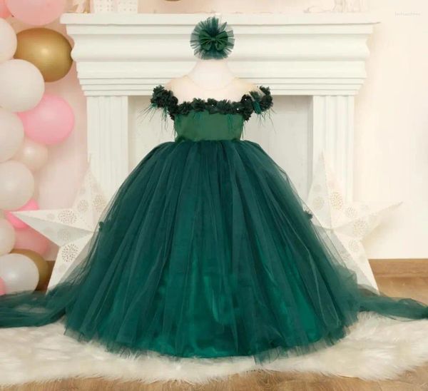 Abiti da ragazza Verde Tulle Fiore Applicazioni floreali Neonata Abito da festa Maniche ad aletta Puffy Princess Prima comunione