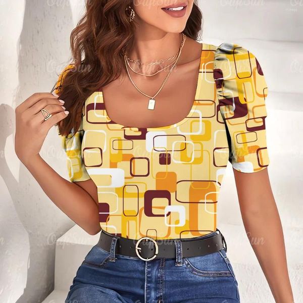 Damen-T-Shirts, französisches T-Shirt mit Puffärmeln, kurz, schmal, U-Ausschnitt, 3D-gedrucktes geometrisches Muster, Oberteil, quadratische Kleidung