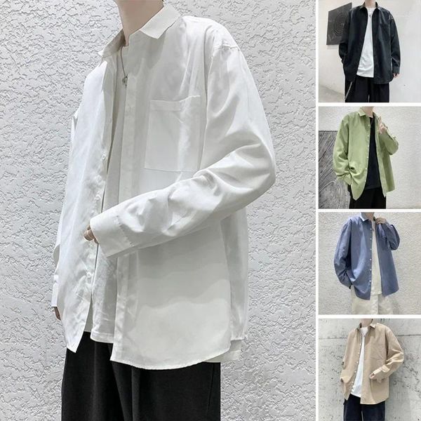 Camisas casuais masculinas 2024 primavera/verão cor sólida camisa de manga grande solta pescoço quadrado casaco na moda