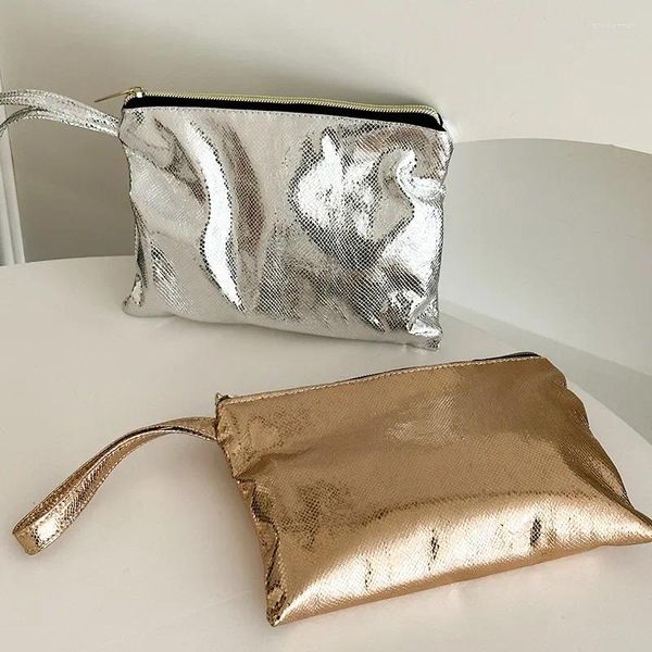 Kosmetiktaschen Mode Einfache Gold Silber Handheld Tasche Große Kapazität Tragbare Wasserdichte Make-Up Toilettenartikel Handy