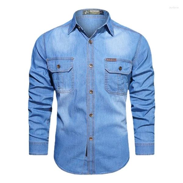 Chemises décontractées pour hommes Printemps Hommes En plein air Multi-poche Denim Outillage Homme À manches longues Qualité Mâle Coton Jeans 5