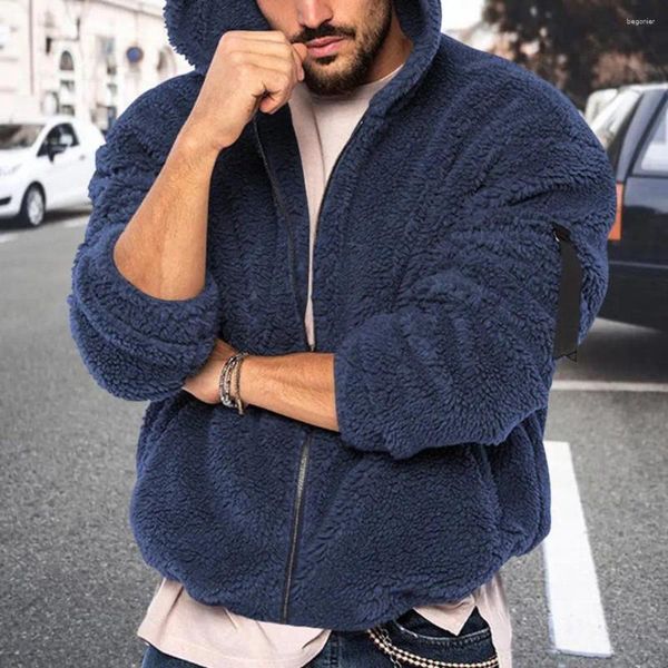 Giacche da uomo Giacca in tinta unita Cappotto invernale accogliente Pile spesso double-face con cappuccio Zip con maniche lunghe morbide Tasche resistenti al freddo