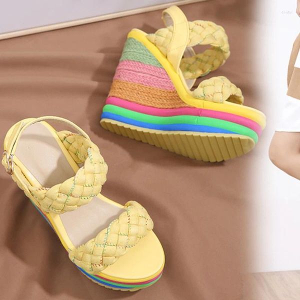 Chaussures de robe Rainbow Wedges Sandales Femme Style Bohème Boucle Mix Couleurs Plus Taille Extérieure Anti-dérapant Plage Zapatos Plataforma Mujer