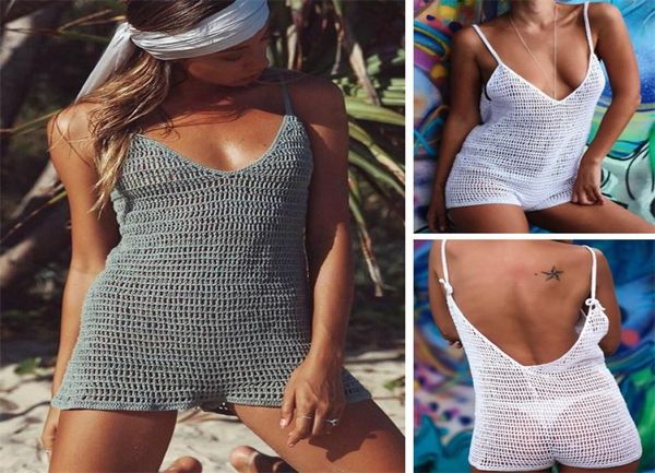 2019 Verão Fishnet Beach Wear Bikini Cover Up Crochet Malha Sexy Mulheres Vestido de Praia Túnica Branco Algodão Maiô Coverups Malha Y4105987