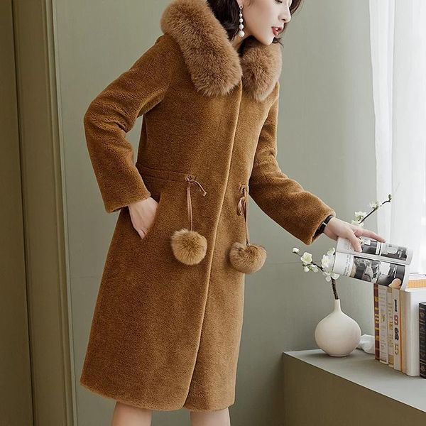 FUR 2019 New Fur Granules Cashmere Sheep Sheared Coat Fur Ful One Fox Fur Collar Capuz Capuz e Seção Longa de Inverno