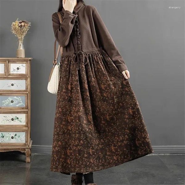 Casual Dresses Limiguyue Winter Herbst Blumendruck Patchwork Langes Kleid Frauen Rüschen Elastische Taille A-Line Vintage Kleidung E311