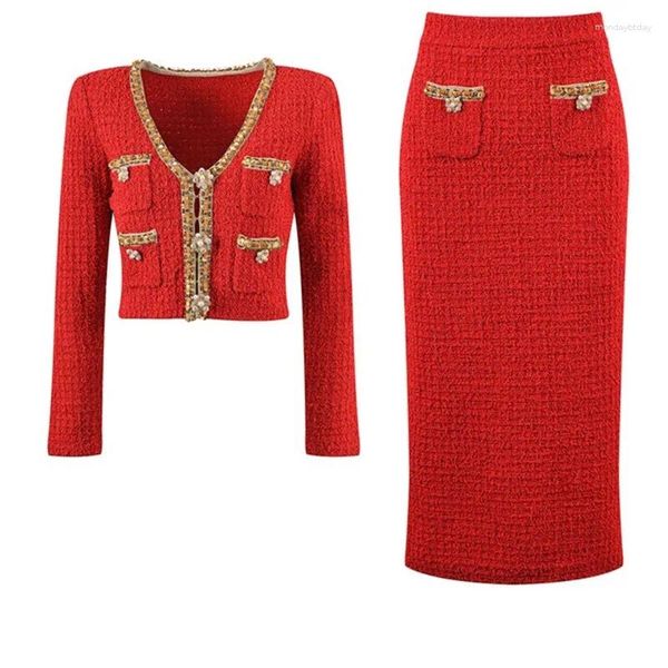 Vestidos de trabalho ano encantador vermelho tweed feminino 2 pçs conjuntos de saia com decote em v curto lantejoulas topos fino luxo senhora ternos