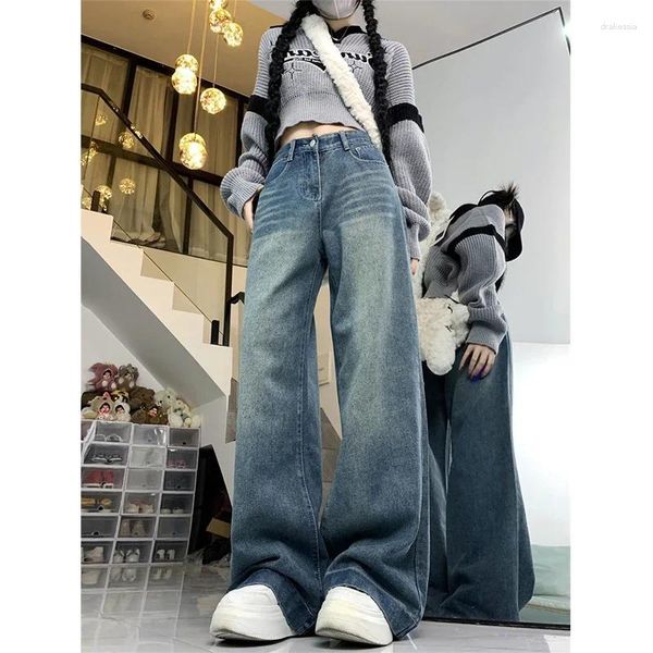 Jeans femininos pequeno retro lavado mulheres outono e inverno plus size cintura alta solta reta perna larga calças angustiadas mop