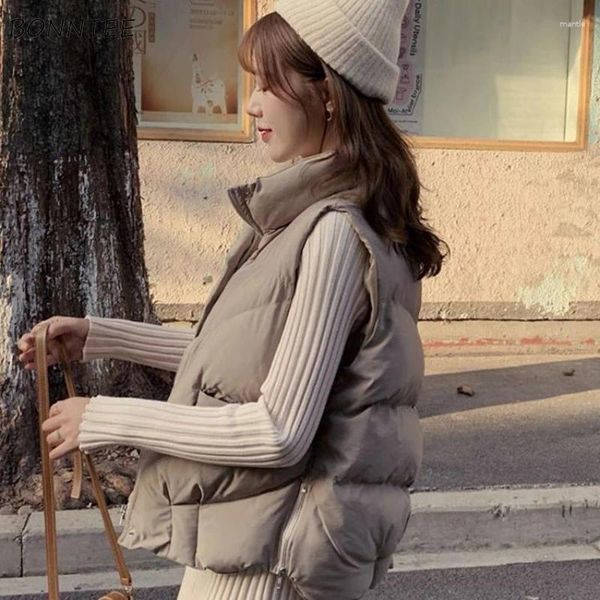 Damenwesten, abgeschnitten, ärmellos, für Damen, Stehkragen, Winterwesten mit Reißverschluss, einfach, vielseitig, warm, koreanischer Stil, sanfte weibliche Streetwear