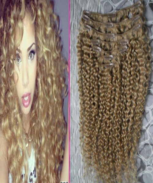 Clip riccio crespo biondo fragola nelle estensioni dei capelli 100g clip afro-americana nelle estensioni dei capelli umani 7 pezzi curvo crespo mongolo9601788