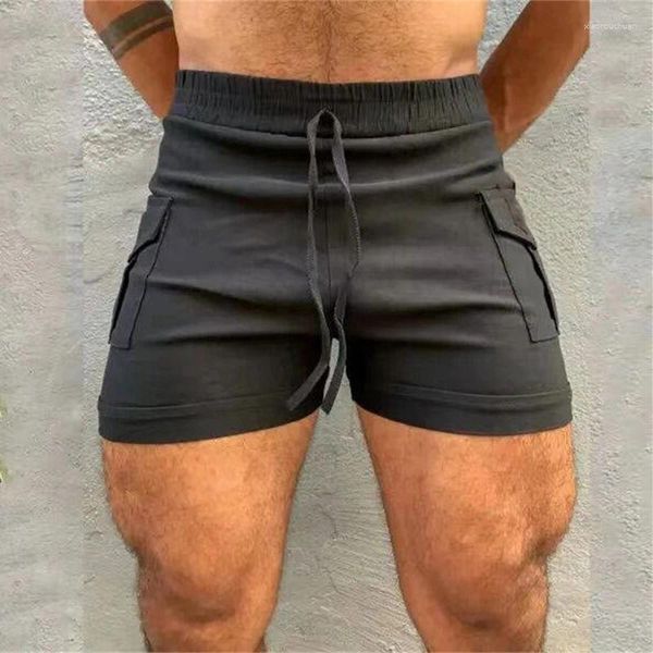 Shorts masculinos moda remendo bolsos magro verão casual cor sólida cintura elástica cordão calças curtas esportes fitness masculino