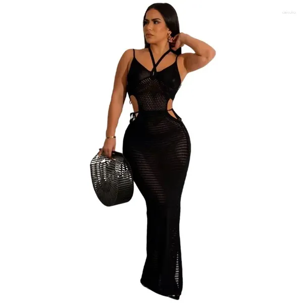 Lässige Kleider Sommer Strand Chic Strap Sexy Rückenfreie Hosenträger Hängender Hals Mesh Schlitz Sonnencreme Dünnes Kleid 2024 Afrikanische Damenbekleidung