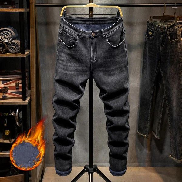 Мужские джинсы, весенне-зимние деловые универсальные брюки с подкладкой, свободные прямые эластичные повседневные брюки 44, 46, 48