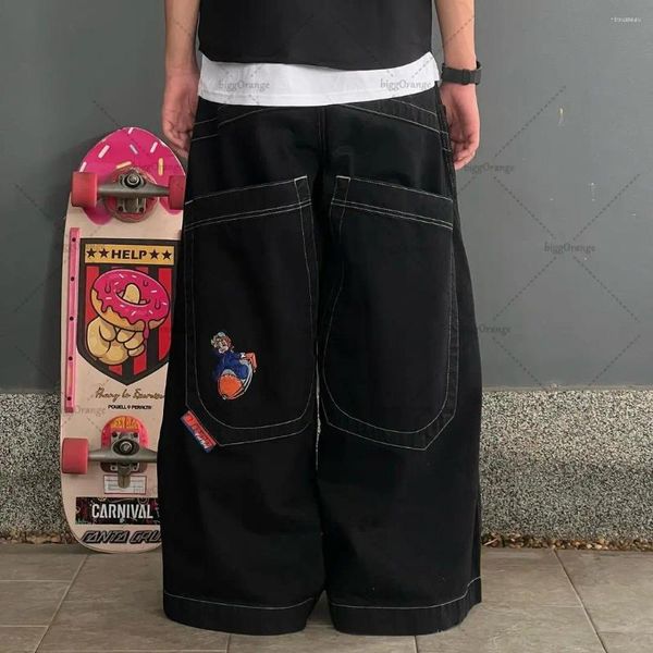 Jeans masculinos simples bordado padrão y2k preto bolsos grandes calças de trabalho rua tendência cultura solta reta casual