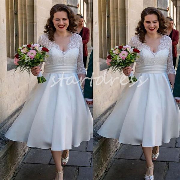 Bescheidenes, kurzes Brautkleid in Teelänge, sexy V-Ausschnitt, Spitze, lange Ärmel, Brautkleid, zivile Landbrautkleider 2024, Applikationen, Strand, Boho, Vestidos de Novia, Robe Mariage