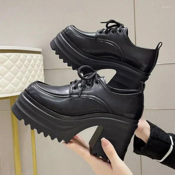 Elbise Ayakkabı 2024 Dantel Yukarı Bahar Kadınlar Pompalar Siyah Loafers Tıknaz 10 cm Yüksek Topuklu Platform İngiliz Sonbahar Bayanlar Kalın Dipler